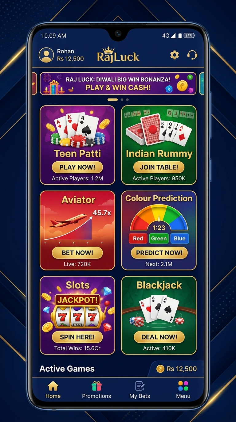 RajLuck bonus features and referral program screen