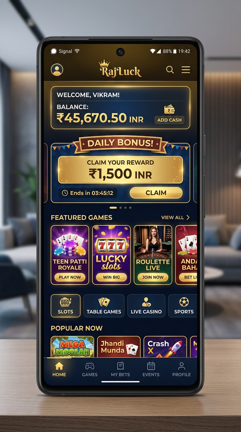 RajLuck App Home Screen showing available games